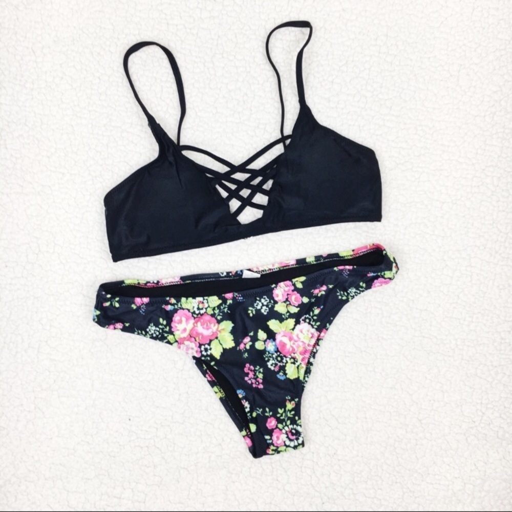 Black Pink Floral Bikini with Crisscross Front Sexy Plunge Summer Pool Beach